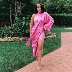 Pink Kimono Midi Wrap Cocktail Dress 